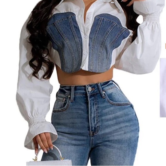 Shirt White Denim Crop Top Woman’s Comfort - Picture 3 of 13